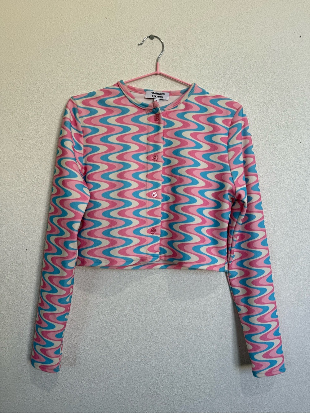 Frankies Bikinis Cheri Terry Cardigan S Pink Blue Groovy Y2K Cropped - Picture 3 of 11